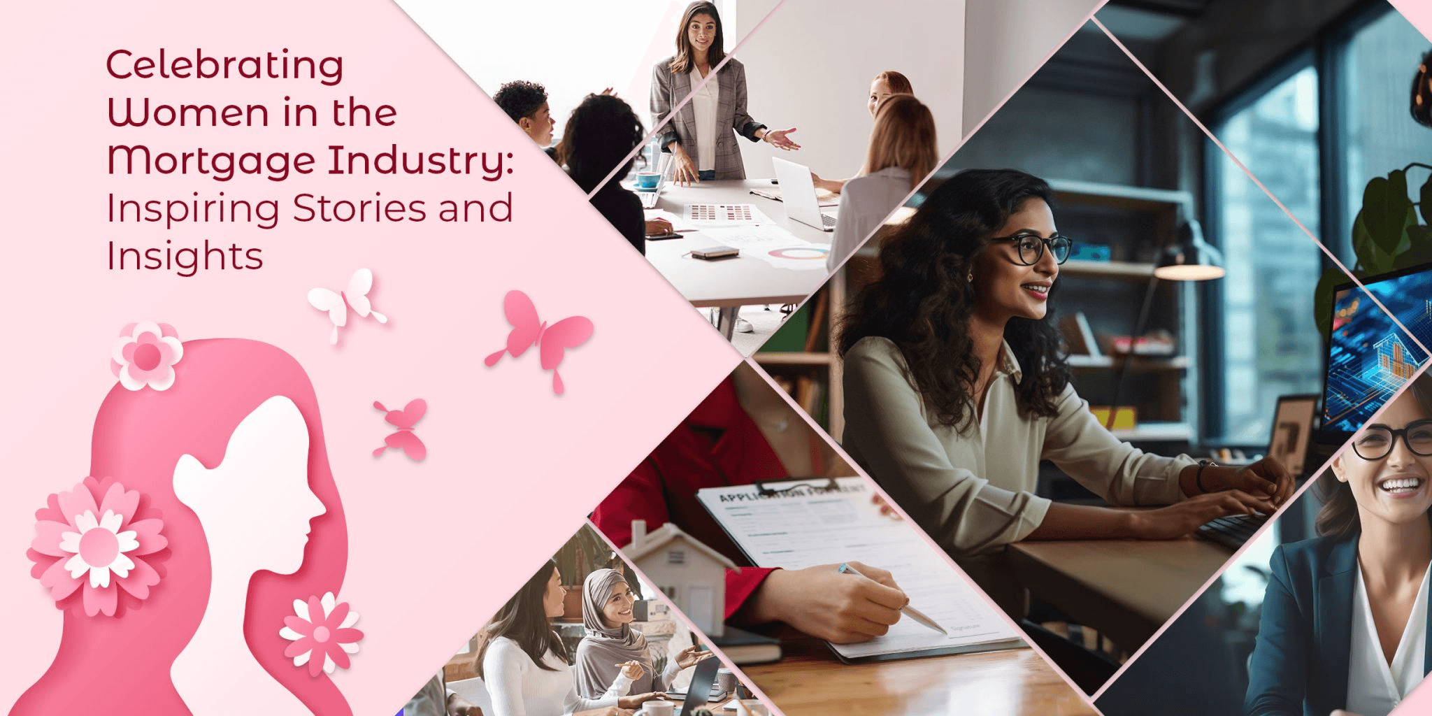 Alt text: **Graphic celebrating women in the mortgage industry, featuring women in professional and mortgage-related settings with the headline “Celebrating Women in the Mortgage Industry: Inspiring Stories and Insights.”**